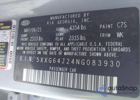 2022 Kia K5 Gt-Line z USA, uszkodzony, nr VIN 5XXG64J24NG083930